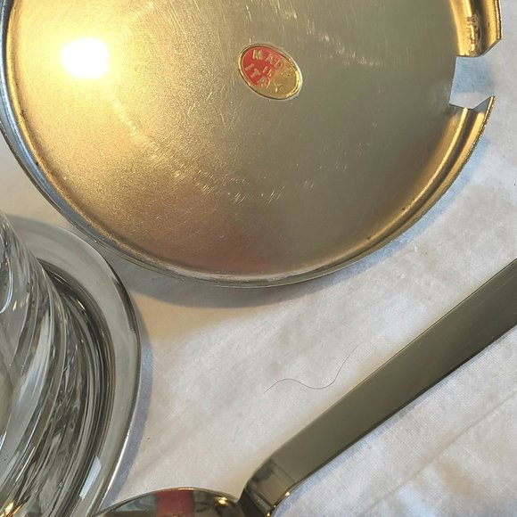 VTG Blown Glass Condiment/Sauce Bowl Metal Lid Spoon Underplate Shell Knob Italy - Picture 7 of 16